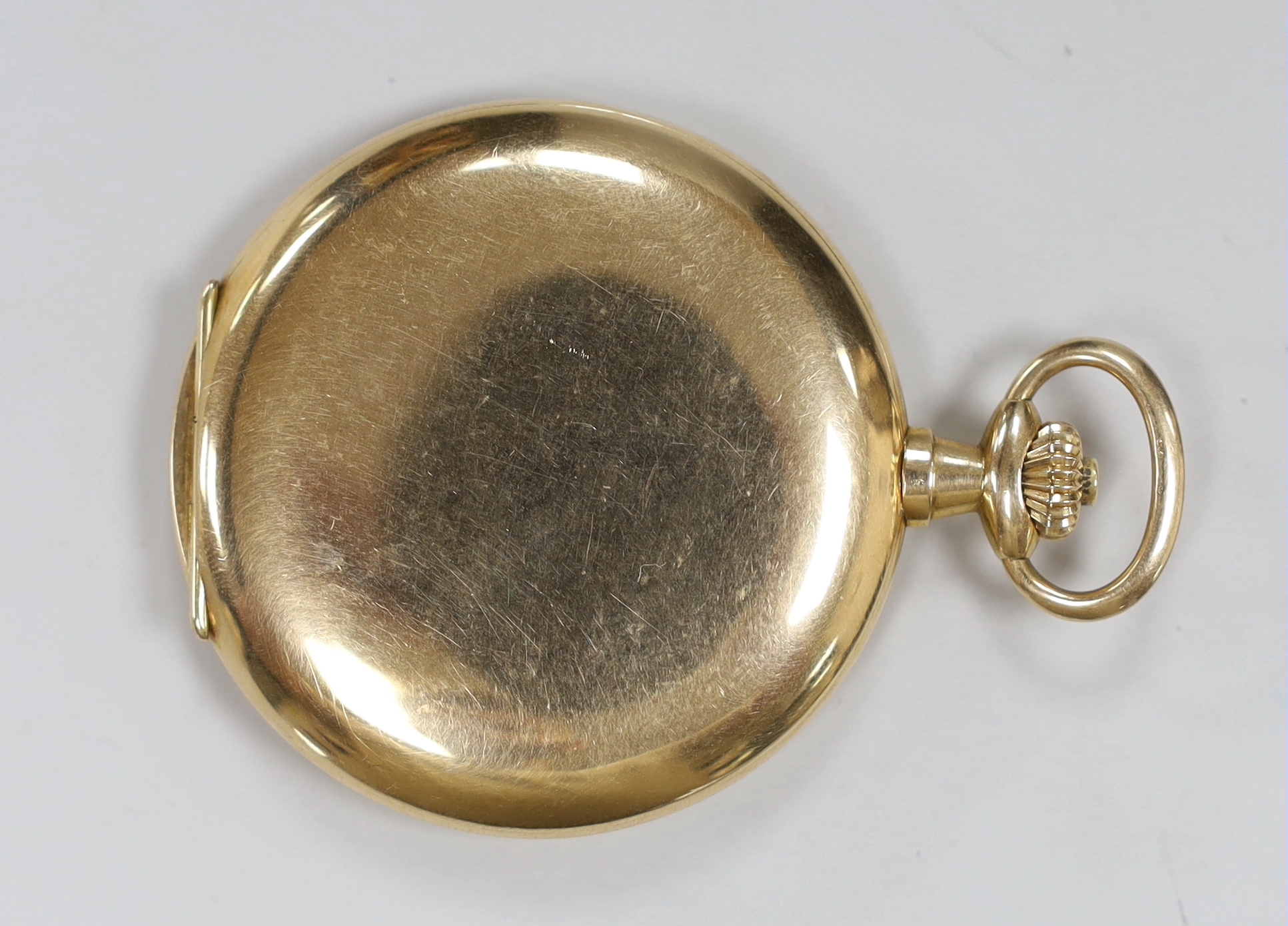 A Swiss 14k keyless hunter pocket watch by A. Lange & Sohne, with Arabic dial and subsidiary seconds, case diameter 52mm, gross weight 84 grams, with box.